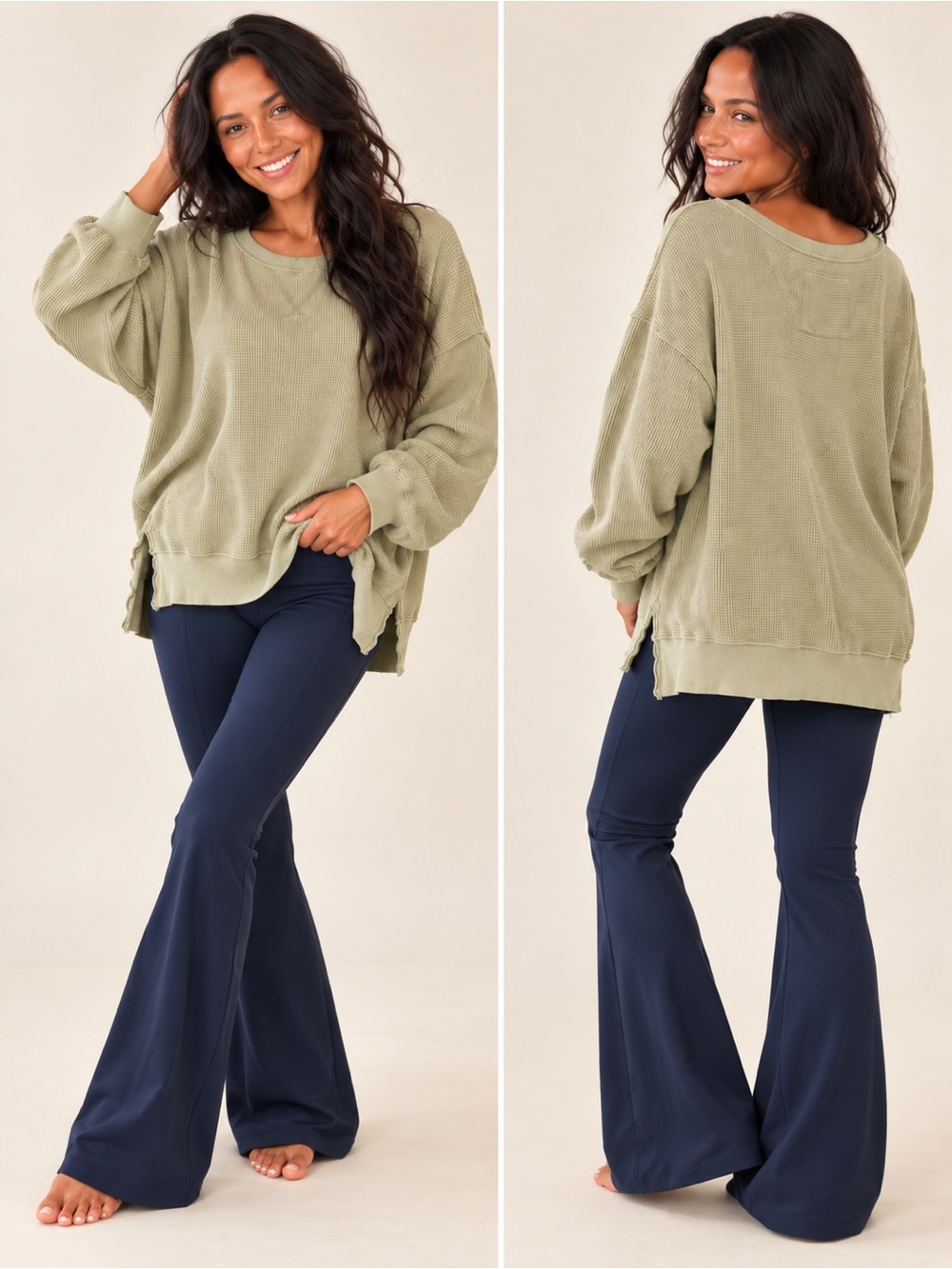 American Eagle Outfitters Olive Green Waffle-Knit Long Sleeve Pullover